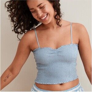 Aerie Smocked Lettuce Trim Crop Top Spaghetti Strap Tank Light Blue Size XL